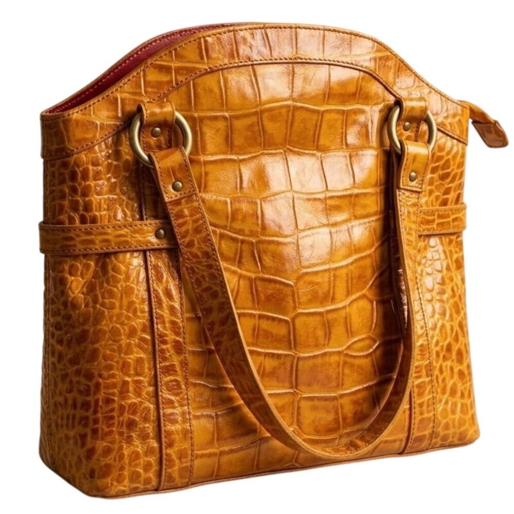 Michael Rome Tote Bag Cognac Croc Embossed Leather Shoulder Satchel